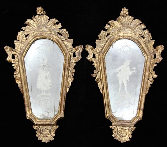 A pair of Venetian gilt framed cartouche wall mirrors, 25ft 3..5 x 1ft 4.5in.